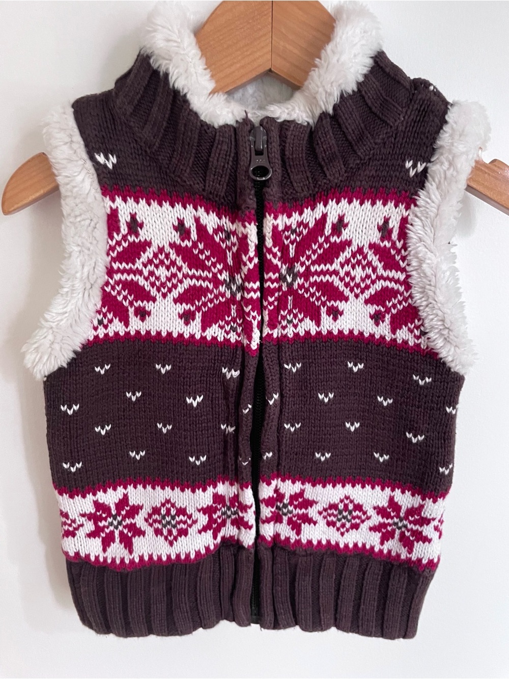 $7 💥Fair Isle Fleece-Lined Zip-Up Thick Sweater Vest, Faux Fur Sherpa Trim